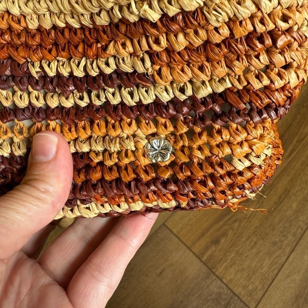 Flora Bella Anthropologie Raffia Leather Strap Shoulder Bag Detailed Pom Poms - Picture 6 of 12